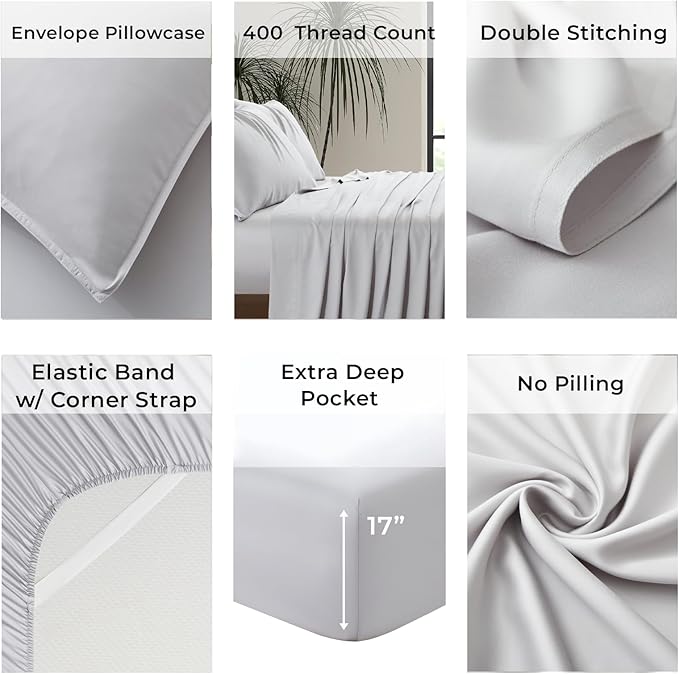 Luxury Bamboo Market | Queen Size Bed Sheet Set | 100% Viscose Made from Bamboo | Organically Grown | Ultra Soft | Cooling Sheets for Hot Sleepers | 17" Deep Pocket [Dove Grey]