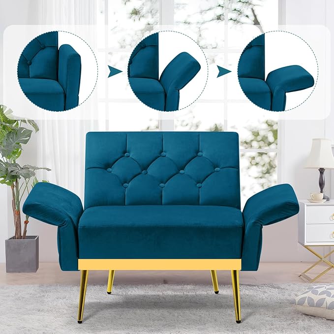 Velvet Accent Chair w/Adjustable Armrests and Backrests, Tufted Single Sofa with Ottoman, Upholstered Reading Chiar for Living Room, Apartment, Bedroom, Teal