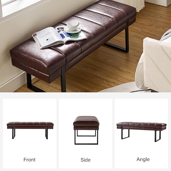 HULALA HOME 53" Faux Leather Entryway Bench, Button Tufted End of Bed Bench Ottoman for Bedroom, Living Room with Metal Base,Brown