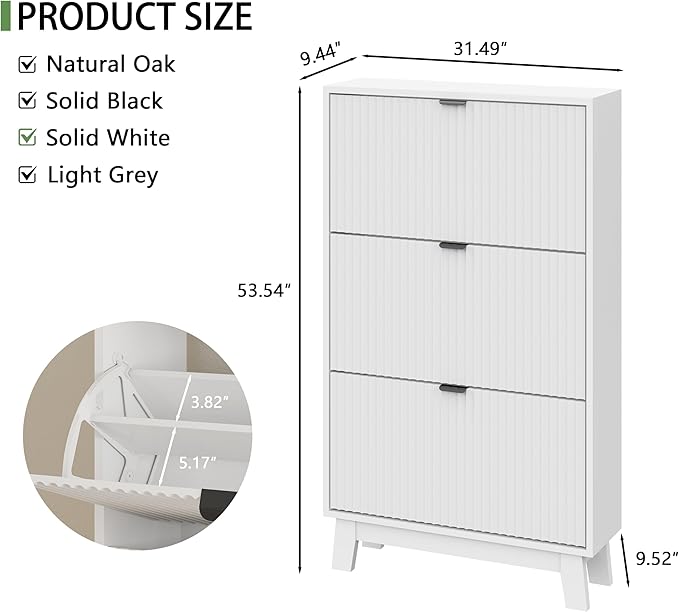 Shoe Cabinet with 3 Flip Drawers, 54" Tall Narrow Fluted Shoe Storage Organizer for Entryway, Hidden Slim Wooden Shoe Rack Cabinet for Front Door Entrance, Hallway, Living Room, Solid White