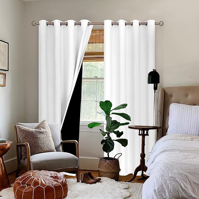 BGment Thermal Insulated 100% Blackout Curtains for Bedroom with Black Liner, Double Layer Full Room Darkening Noise Reducing Grommet Curtain (46 x 90 Inch, Pure White, 2 Panels)