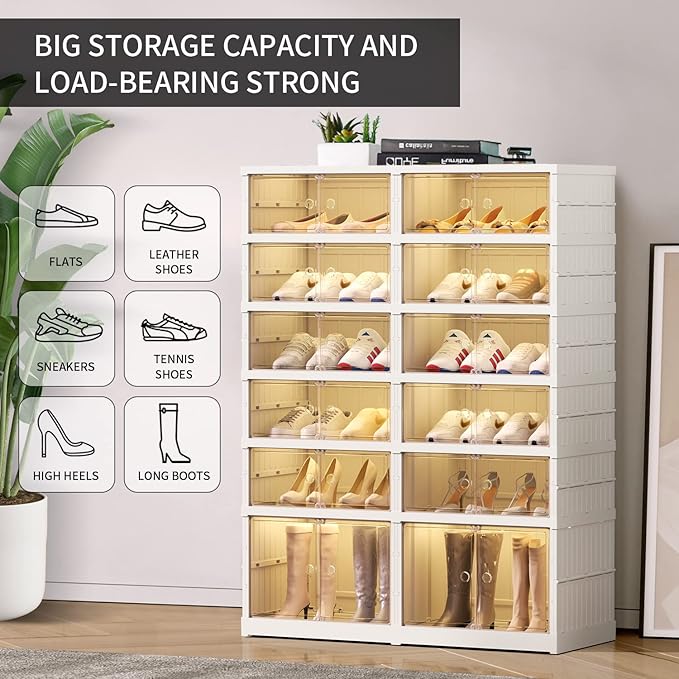 6-Tier Foldable Shoe Rack Organizer for Closet 24Pairs Plastic Shoe Shelf Collapsible Shoes Storage Box Clear Shoe Boxes Stackable with Door Easy Assembly Shoe Cabinet with Lids Large