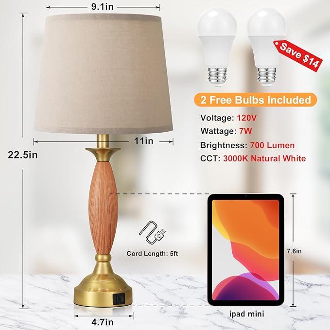 Seealle Lamps for Bedrooms Set of 2 - Touch Bedside Lamp with USB C+A, 3 Way Dimmable Nightstand Lamps with USB Port, Wood Table Lamp for Living Room Guest Room Bed Side End Table(Bulbs Included)