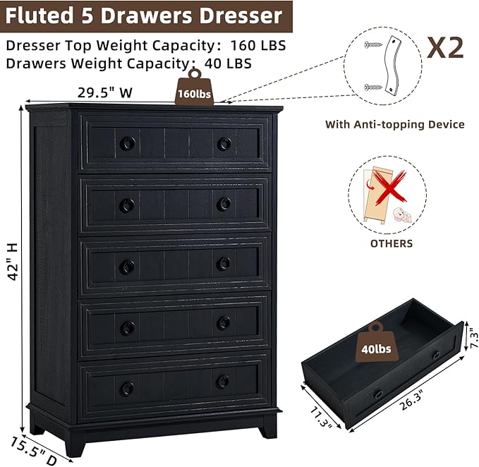 Farmhouse 5 Drawer Dresser for Bedroom Set of 2, 42" Tall Small Dressers & Chest of Drawers, Rustic Wood Dresser with Metal Handle, Storage Organizer Closet for Living Room, Hallway,Entryway