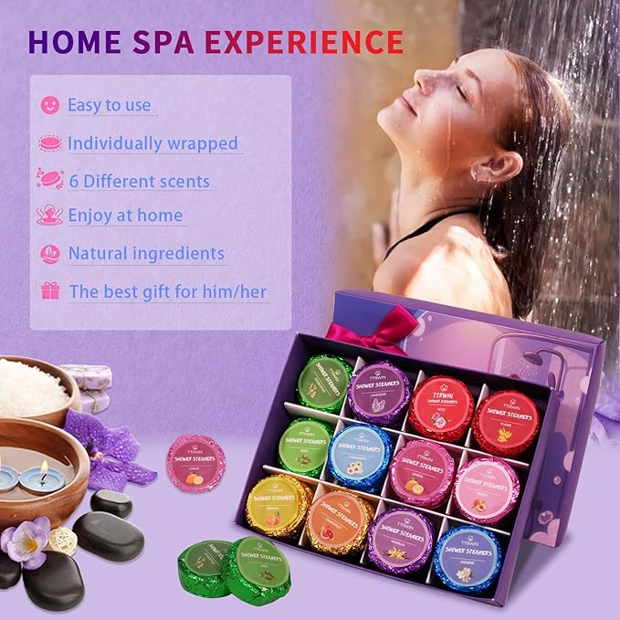 Shower Steamers Aromatherapy 24 Pack Shower Bombs with Natural Essential Oils, Home SPA Stress Relief Christmas Stocking Stuffers Birthday Gifts for Women Mom Men Self Care Relaxation