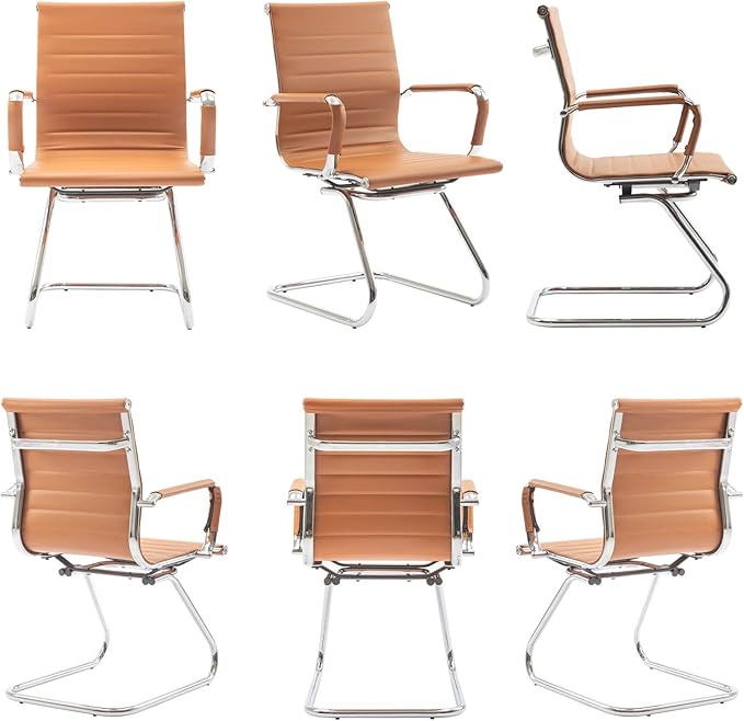 Wahson Office Guest Chairs Set of 4, Leather Reception Chairs, Mid Back Waiting Room Chair, Conference Chairs with Sled Base, Desk Chair No Wheels for Meeting/Lobby/Restroom, Terracotta