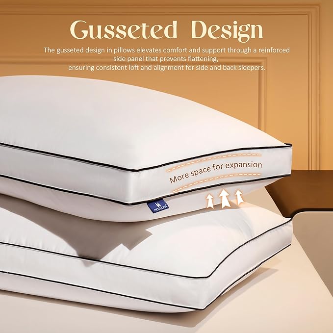 Feather Down Pillows Standard Size Set of 2 with Gusset, Luxury Hotel Collection Bed Pillow 2 Pack, Down Surrounded Gusseted Pillows for Sleeping, Fluffy for Side, Back Sleepers 20x24+2 in.