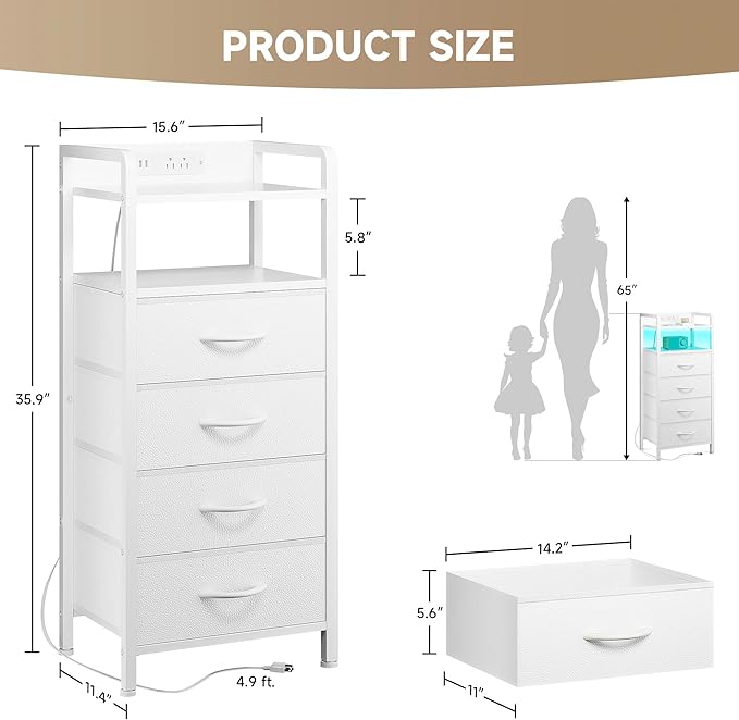 Night Stand Bedside Charger Bedroom - Nightstand with Charging Station, 2 U-S-B Ports & 2 AC Outlets, Tall Bed Side Table with LED Light Strip, Storage Shelf & 4 Fabric Drawers, White