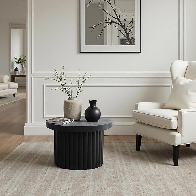 LuxenHome End Table, 23.6" Wide Black Wood Fluted Round Coffee Table Modern Side Tables for Living Room Round Wood Small Accent Tables for Bedroom