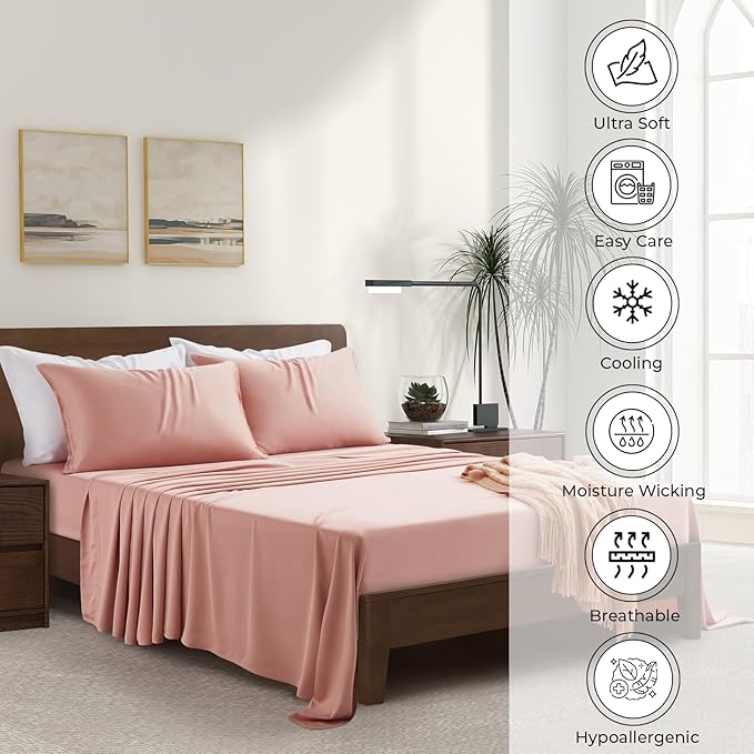 Luxury Bamboo Market | Queen Size Bed Sheet Set | 100% Viscose Made from Bamboo | Organically Grown | Ultra Soft | Cooling Sheets for Hot Sleepers | 17" Deep Pocket [Rose Quartz]