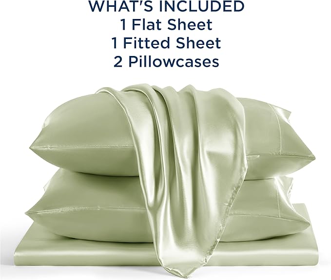 Bedsure Satin Sheets Queen Size - 4 Piece Silky Bedsheets with 15 Inches Deep Pocket Fitted Bedsheet,1 Flat Sheet, 2 Satin Pillowcases, Good for Hair & Skin (Queen, Sage Green)