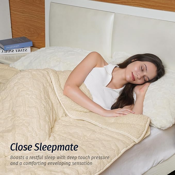 Wemore Weighted Blanket for Adults Twin Size 15 lbs, Dual Sided Soft Fuzzy Jacquard Sherpa Weighted Blankets for Sleeping, Cozy Fluffy Knitted Heavy Blanket for Couch Bed, Khaki, 48 x 72 inches