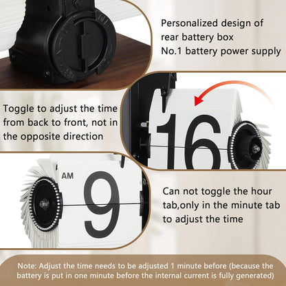 Flip Desk Clock, Retro Vintage Flip Desk Table Clock, Digital Sided Large Numbers Mechanical Flip Clock Wood Base for Living Room, Study Room and Office（Black）