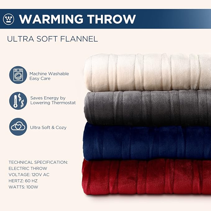 Westinghouse Electric Blanket Heated Throw, Super Cozy Soft Flannel 50"" x 60"" Heated Throw with 6 Fast Heating Levels & 2-10 Auto-Off, Machine Washable, ETL&FCC Certification, Home Office Use, Grey