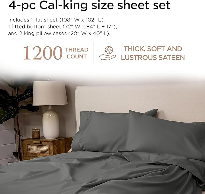 Threadmill 100% Supima Cotton Sheets, 1200 Thread Count Cotton Sheets for Cal King Size Bed, 4 Pc Dark Grey Cal King Bed Sheets Set, 5-Star Hotel Quality, Elasticized Deep Pocket Cal King Sheet