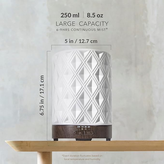 Earnest Living Essential Oil Diffuser for Large Room White Ceramic 250ml Aromatherapy Diffuser with 4 Timers 7 Night Lights and Auto Off Function for Home Gift