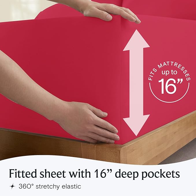 LuxClub 4 PC Sheet Set Bed Sheets Deep Pockets 16" Eco Friendly Wrinkle Free Cooling Machine Washable Hotel Bedding Silky Soft - Red Full
