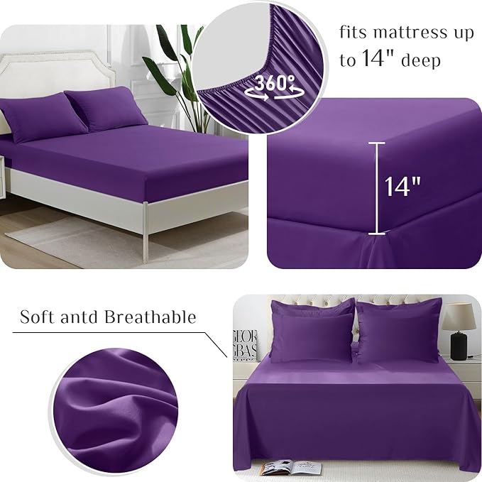 JOLLYVOGUE Queen Comforter Set, Ultra-Soft Bed in a Bag Queen Size 7 Pieces, Oeko-TEX Certified Bedding Set with Down Alternative Comforter, Sheets, Pillowcases & Shams, Purple