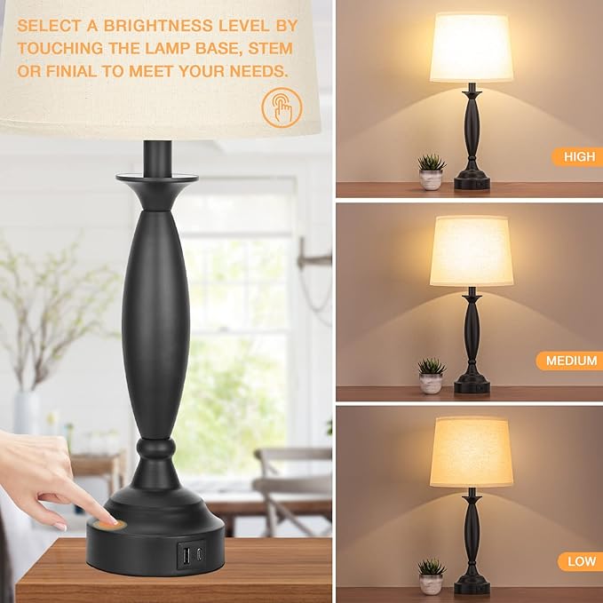 Seealle Beige Lamps for Bedrooms Set of 2 - Touch Control Bedside Lamp with USB C+A, 3 Way Dimmable Nightstand Lamps with USB Port, Table Lamp for Living Room(Beige Shade and Black Base)
