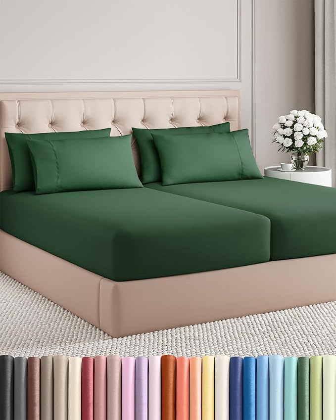 Split King 7 Piece Sheet Set - Cooling & Breathable - Hotel Luxury Bedding, Includes Fitted Sheets for Women, Men, Kids and Teens - 1 Flat, 2 Fitted Sheets, 4 Pillowcases with Deep Pockets - Emerald