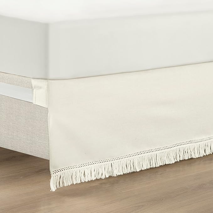 Lush Decor Boho Fringe 15-Inch Tailored Drop Easy Fit Bedskirt, Queen, Off-White