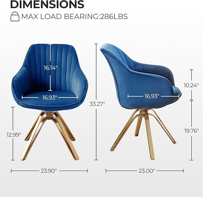 Zouron Mid Century Modern Swivel Accent Chair with Gold Metal Legs, Upholstered Swivel Chair No Wheels, Side Accent Arm Chair Vanity Chair for Small Space Home Office Living Room Bedroom, Dark Blue