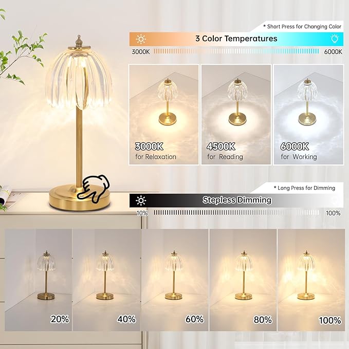 Tulip Table Lamp with 5000mAh Battery & Touch Control, Cordless Small Table Lamp with 3 Colors, Dimmable Rechargeable Table Lamps for Living Room, Bedroom, Desk, Bedside (Transparent Tulip)