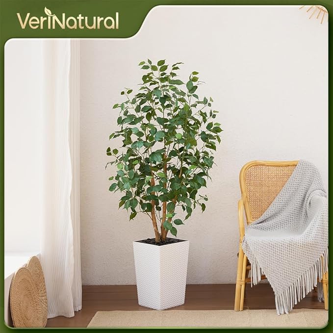 5ft Artificial Ficus Tree,Tall Faux Tree with Pebbles & Planter UV Resistant Potted Fake Plant with Silk Leaves & Real Wood Trunk,Indoor Outdoor Floor Plant for Home,Living Room,VN129