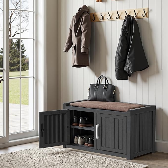 ROJIK Shoe Cabinet Storage Bench Indoor Outdoor, Waterproof UV-Resistant Resin Entryway Furniture with Adjustable Shelves for Hallway, Living Room and Bedroom (Double Door,Black)