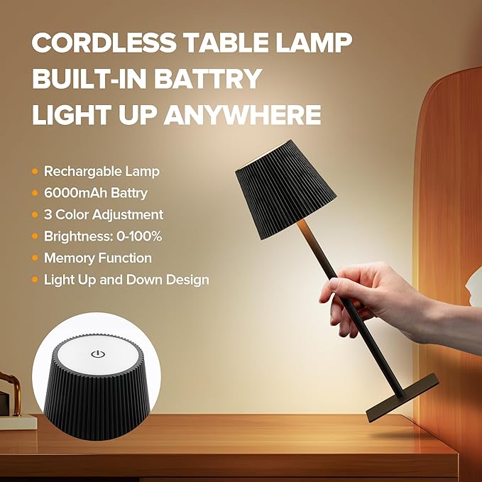 LUTEC 4 Pack Cordless Table Lamp,6000mAh Rechargeable Battery Operated Desk Lamp,Two Adjustable Heights,Waterproof, Touch Control & 3 Color Stepless Dimming for Restaurant/Bedroom/Bars/Outdoor (Black)