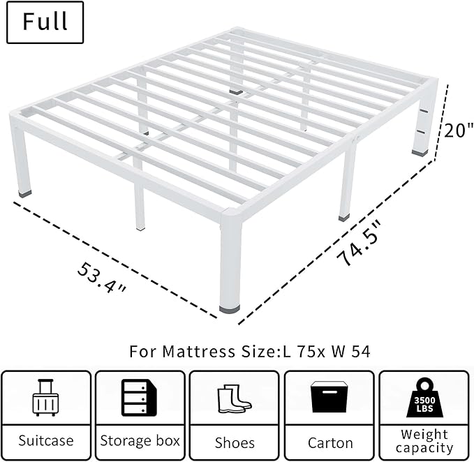 ROIL 20 Inch White Full Bed Frame with Rounded Corner and Headboard Hole Mattress Retainers, 3500LBS Heavy Duty Steel Slats No Box Spring Needed Platform Noise-Free Easy Assembly
