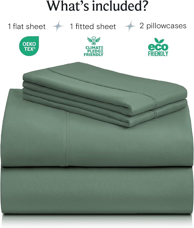 LuxClub 4 PC Full Sheet Set, Deep Pockets Wrinkle Free Cooling Bed Sheets Hotel Bedding for Women, Men, Kids & Teens, Includes 1 Fitted Sheet, 1 Flat Sheet and 2 Pillowcases-Soft Tree Moss Green