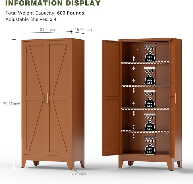COFaR 5 Tier Metal Kitchen Storage Cabinets, 71" Pantry Cabinet with Doors and 4 Adjustable Shelves, Farmhouse Tall Cabinet for Pantry, Laundry Room,Living Room,Dinning Room (Antique Copper)