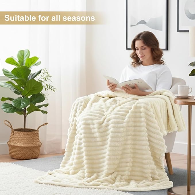 decorUhome Christmas Soft Fleece Beige Blanket Queen Size for Bed, Cozy Fluffy Plush Flannel Large Striped Throws for Couch Sofa, Lightweight Decorative Fuzzy Blanket for Woman, 90x90 Inches