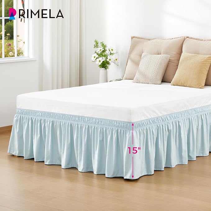 RIMELA Grayish Blue Bed Skirt King Size 15 Inch Drop, Wrap Around Elastic Bedskirt, Dust Ruffle for Adjustable Bed Base Machine Washable Easy to Install Bed Skirts