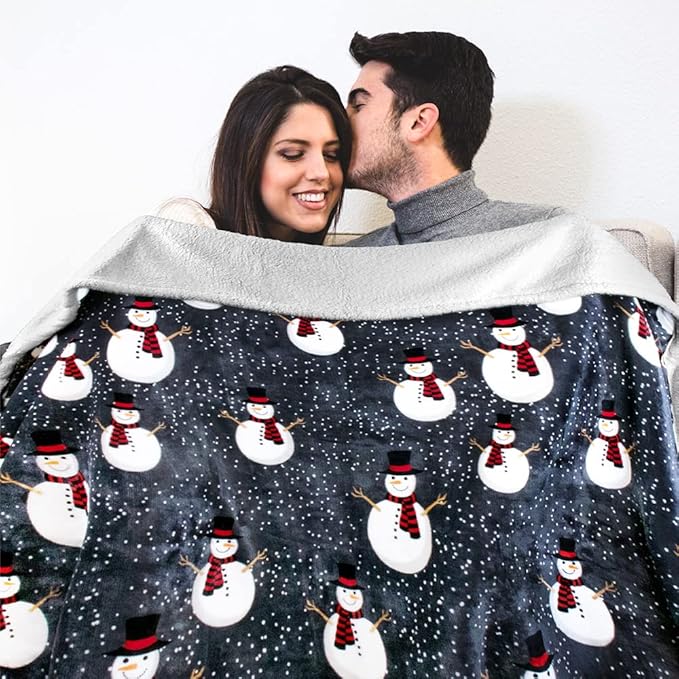PAVILIA Premium Christmas Sherpa Throw Blanket, 60x80, Grey Snowman Cozy Fleece Holiday Blanket, Reversible Plush Winter Throw for Couch & Bed, Ultra Soft Warm Christmas