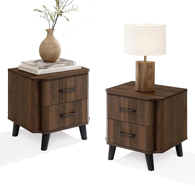 LuxenHome Mid Century Modern Nightstands Set of 2, 20" Walnut Night Stand with Curved Edge, Dark Brown Nightstand with Drawers, Boho Bed Side Tables Bedroom, Storage End Tables Living Room, 2PCs