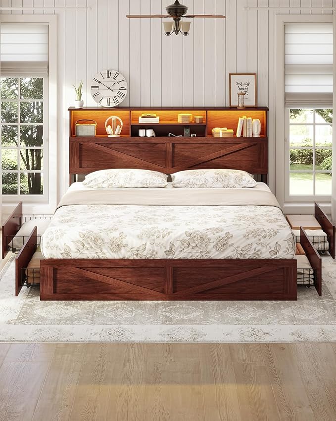 AOGLLATI Farmhouse King Bed Frame Bed Frame with 4 Storage Drawers and Led Lights, Wooden King Bed with Hidden Space Bookcase Headboard and Led Lights & Metal Slats, Mahogany