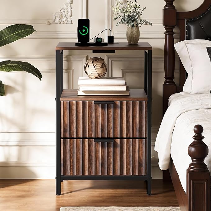 VINGLI Nightstands Set of 2, Walnut Nightstand with Charging Station, Night Stands Fluted with 2 Drawers Fabric, Bedside Tables/End Tables with Charger Station, Side Table Bedroom, Small Night Stand