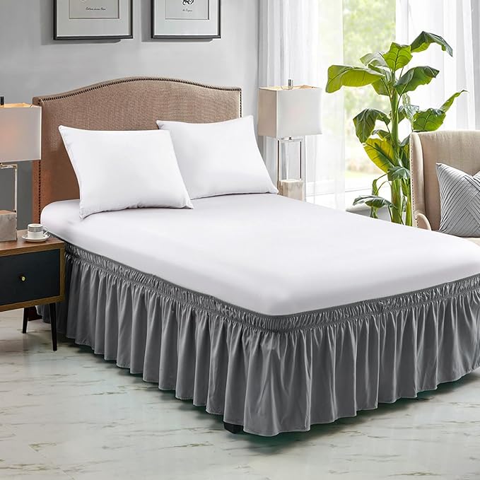 FreshCulture Twin Bed Skirt, Elastic Wrap Around Bed Skirt Twin Bed, Easy Fit with 15-Inch Tailored Drop, Hotel Quality Bed Skirts for Adjustable Bed (Dark Grey)