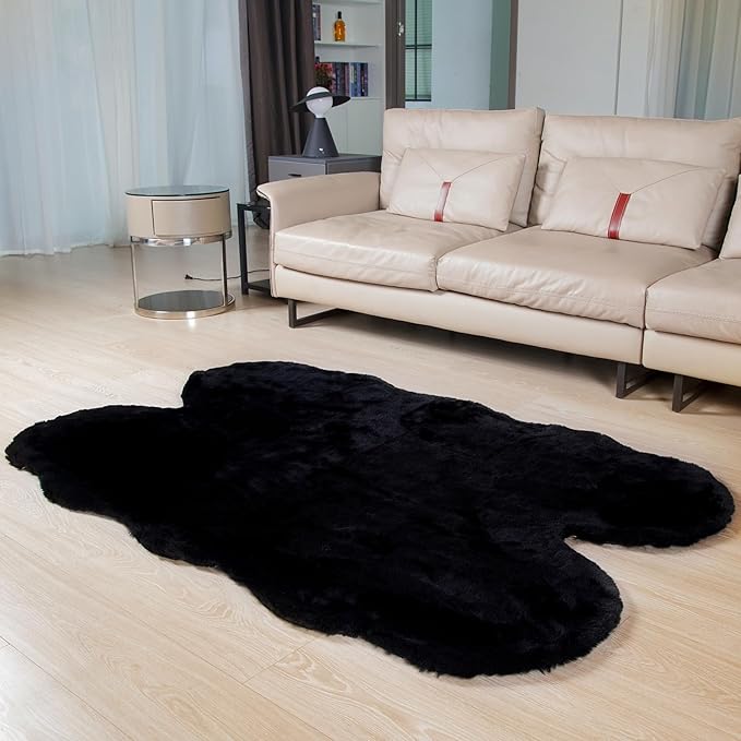 Latepis Black Faux Rabbit Fur Rug 4x6 for Living Room Washable Rug 4x6 Fluffy Faux Sheepskin Plush Shag Rugs for Bedroom Nursery Kids Rugs Luxury Home Decor Sheepskin