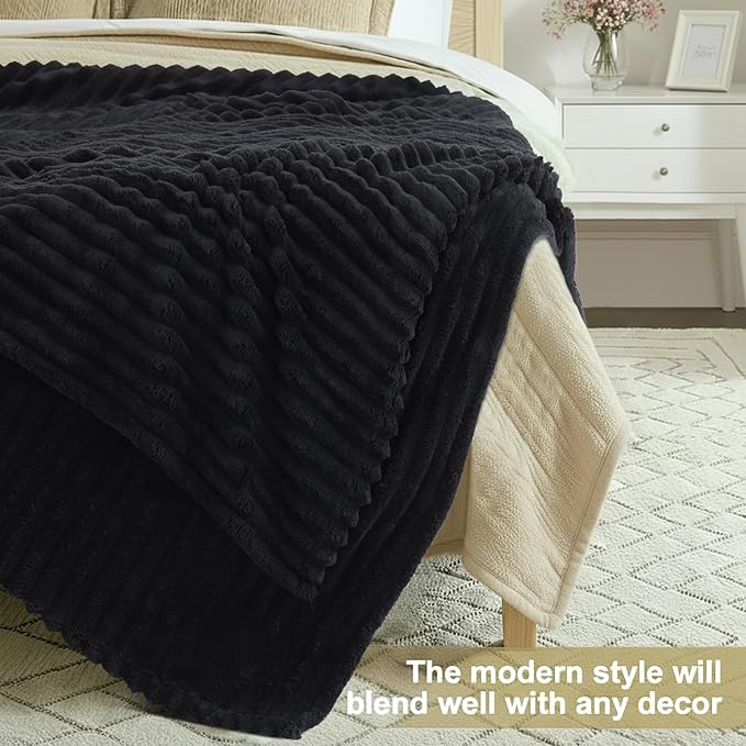 decorUhome Christmas Soft Fleece Black Twin Blanket for Bed, Cozy Fluffy Plush Flannel Striped Throws for Couch Sofa, Lightweight Decorative Ribbed Fuzzy Blanket for Woman, 60x80 Inches