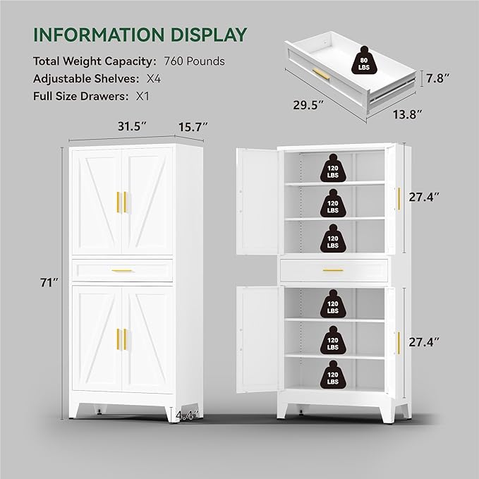 71" Tall Farmhouse Pantry Cabinet,Metal Cabinet with Adjustable Shelves and Drawer,Storage Cabinet for Kitchen Dining Room Garage,White