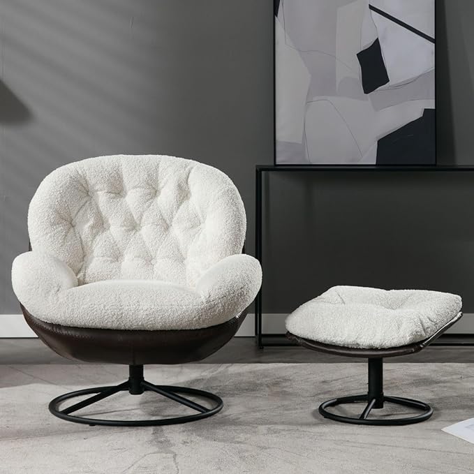 ZHENGHAO Swivel Accent Chair with Ottoman, Mid Century Modern Faux Fur Lounge Chair with footrest, Comfy Fluffy Armchair with 360° Metal Base for Reading/Living Room/Bedroom, White