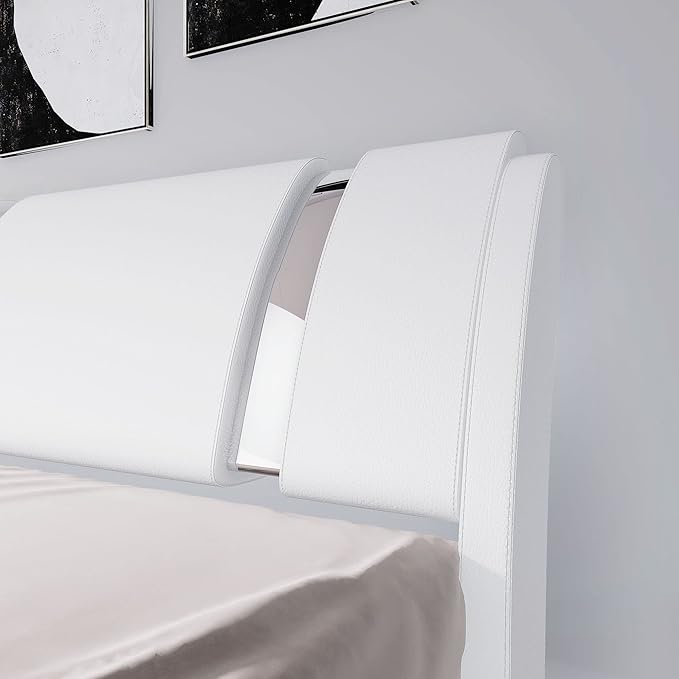 Allewie Queen Size Platform Bed Frame with Iron Piece Decor, Faux Leather Upholstered Bed with Curved Adjustable Headboard, Wooden Slats Support, No Box Spring Needed, Modern Style, White
