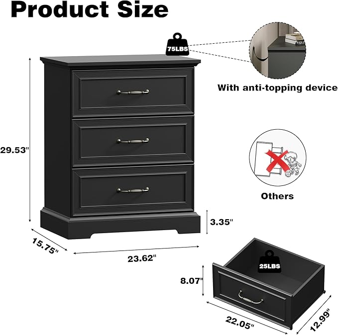 Farmhouse 3 Drawers Dresser for Bedroom, 24" Wide Modern Chest of Drawers with Deep Drawers & Bar Handles, Rustic Wood Nightstand, Wooden Closet Storage Organizer for Living Room, Hallway, Black