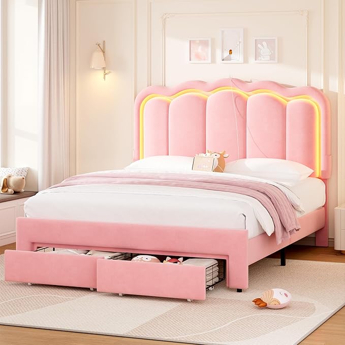 Velvet Upholstered Full LED Bed Frame with 2 Storage Drawers and Adjustable Chic Double Wavy Headboard, Princess Platform Bed with Charing Station, Solid Wood Slats Support,No Box Spring Needed,Pink