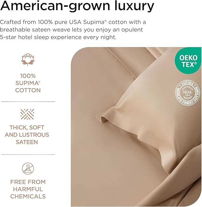 Threadmill Luxury Supima Cotton Sheets, Luxury 1200 Thread Count Soft 100% Cotton Sheets for Queen Size Bed, 4 Pc Beige Bed Sheets Queen Set, 5-Star Hotel Quality Deep Pocket Bed Sheets Set