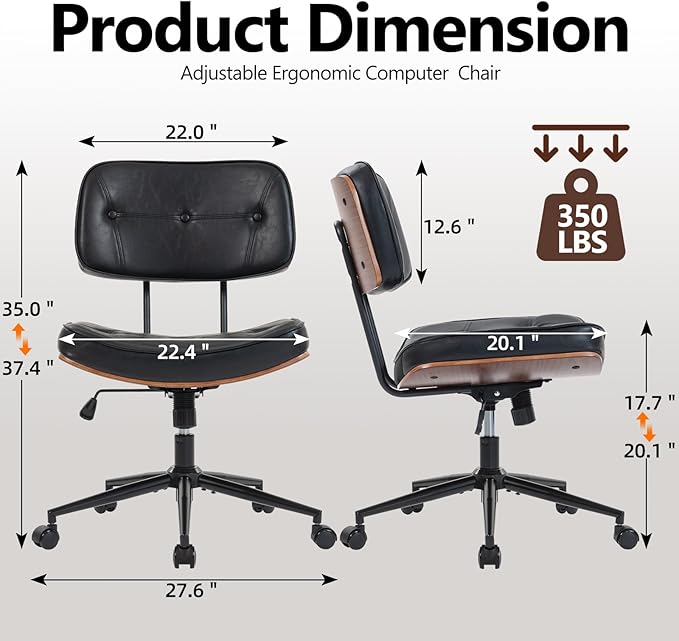 Armless Office Chair with Wheels, Adjustable Height Desk Chair Leather Swivel Computer Chair, Modern Walnut Office Side Chair for Meeting Room Office, Black