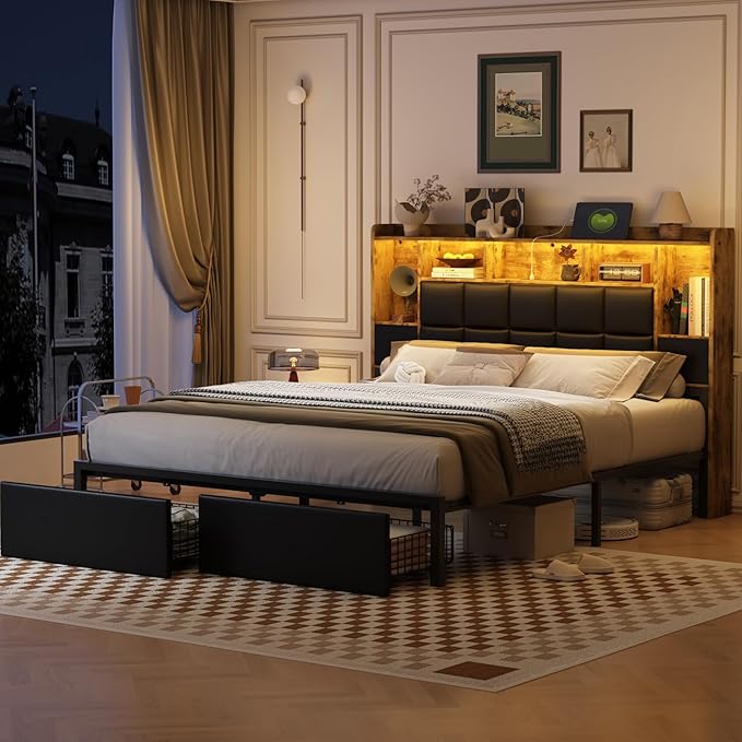 LED Bed Frame Queen Size with 2 Hidden Storage Drawers & Bookcase, PU Leather Headboard, Upholstered Platform Bed with Charging Station, Metal Slats Support, Noise Free, No Box Spring Needed